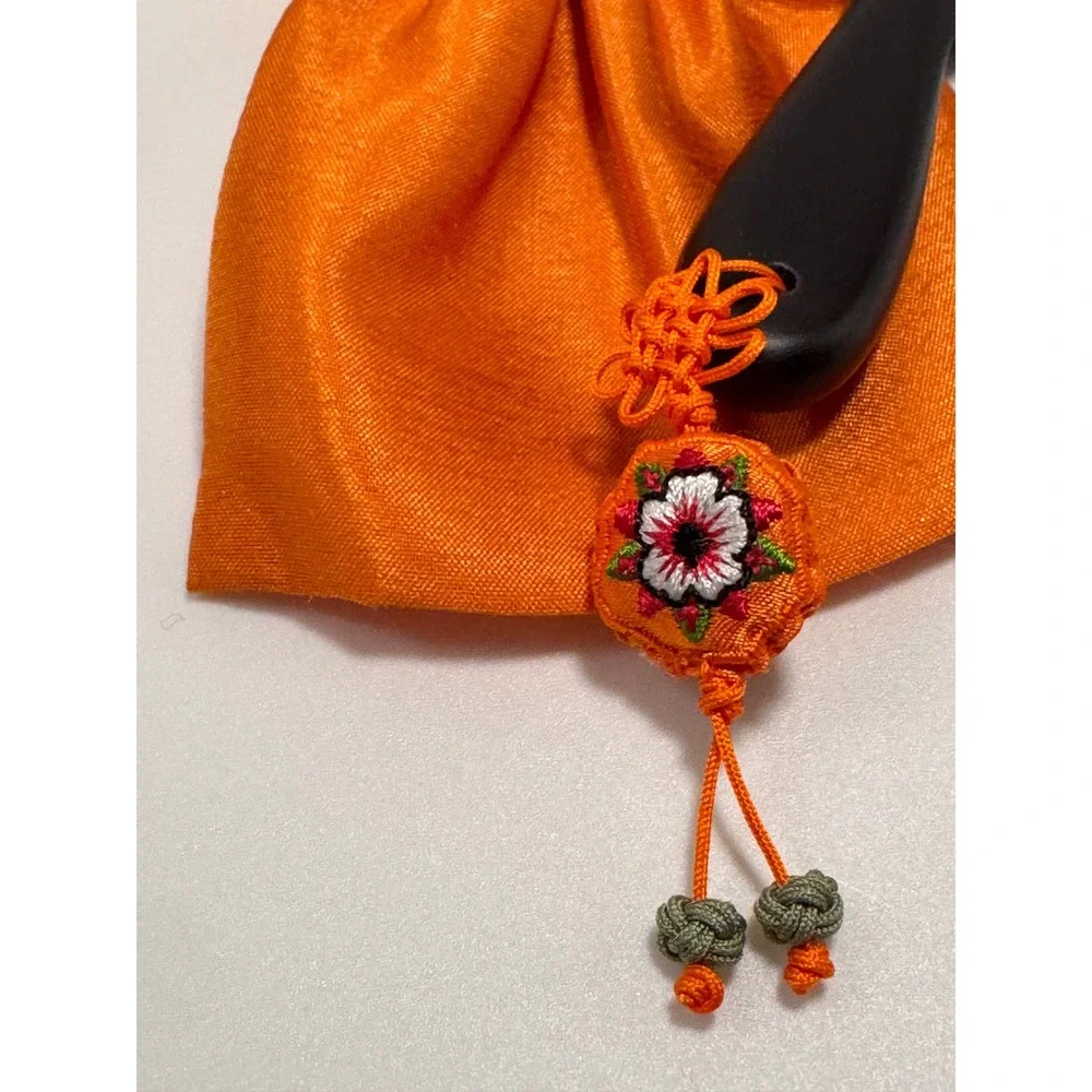 Traditional Korean Handheld Mirror Embroidered Floral Silk Blue Orange Tassel